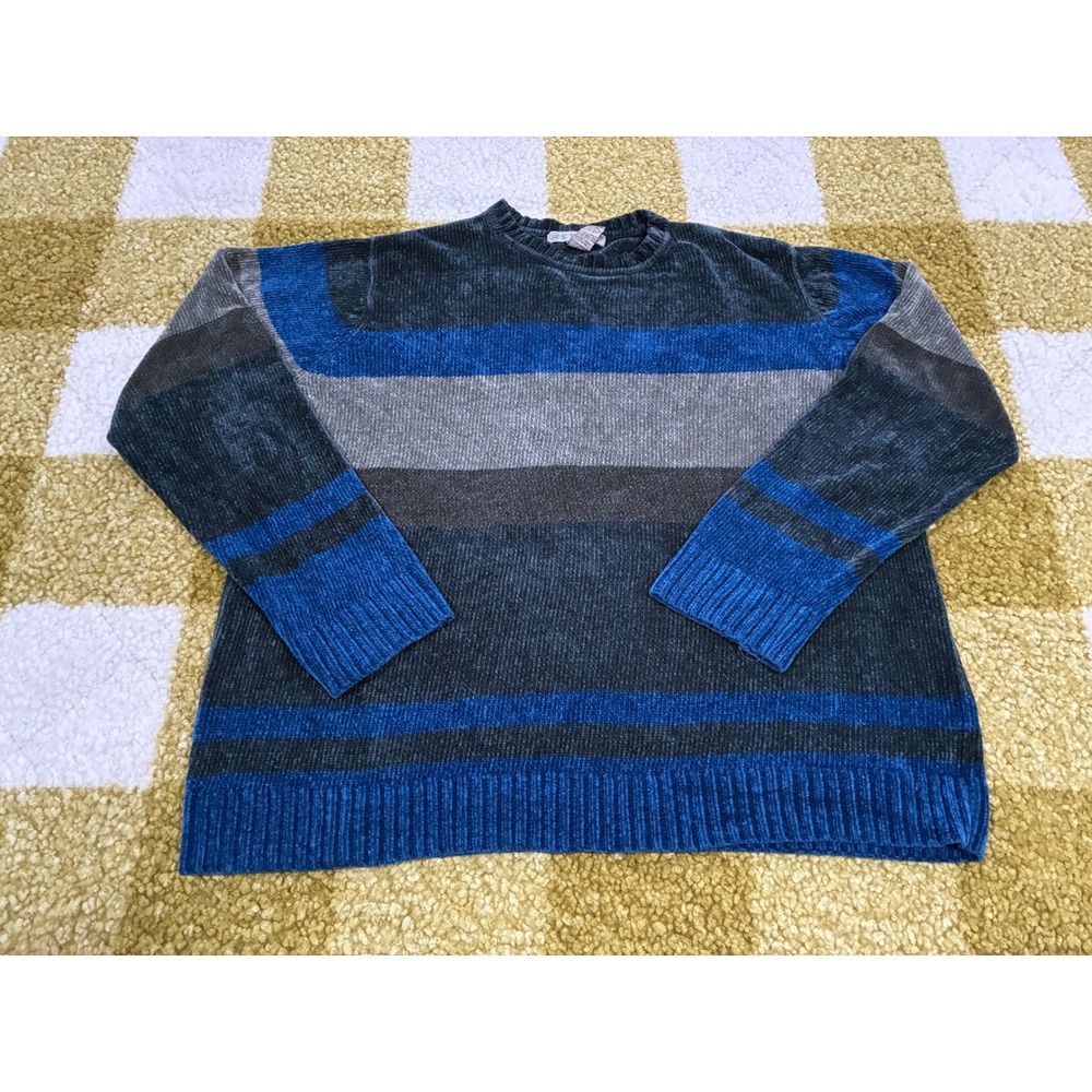 Retreat Chenille Sweater Mens Medium Blue Grey Striped Crewneck Knit Plush Soft